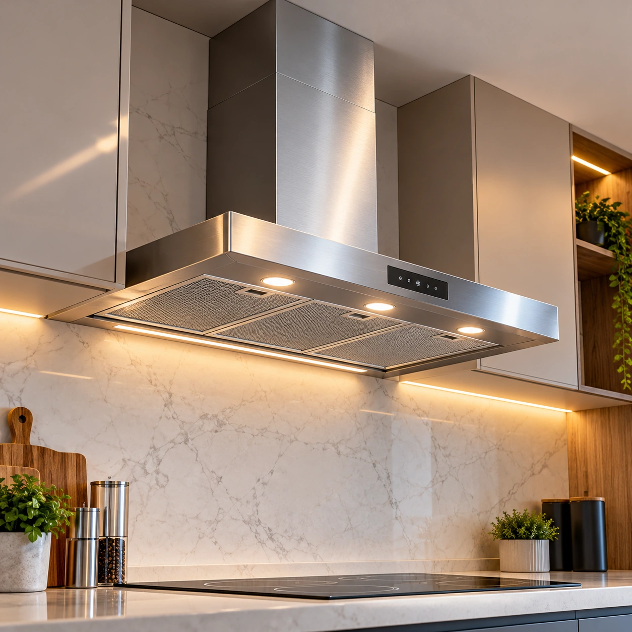 Coifa de aço inox sobre cooktop em cozinha moderna