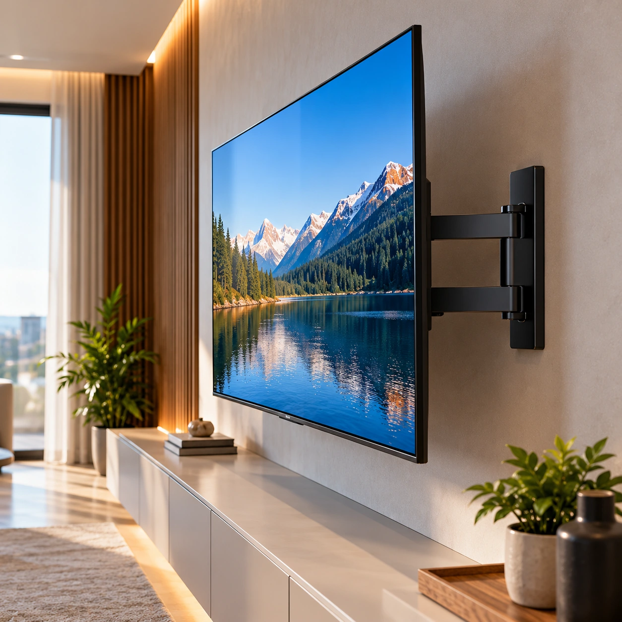 Televisor instalado em suporte articulado na parede de uma sala